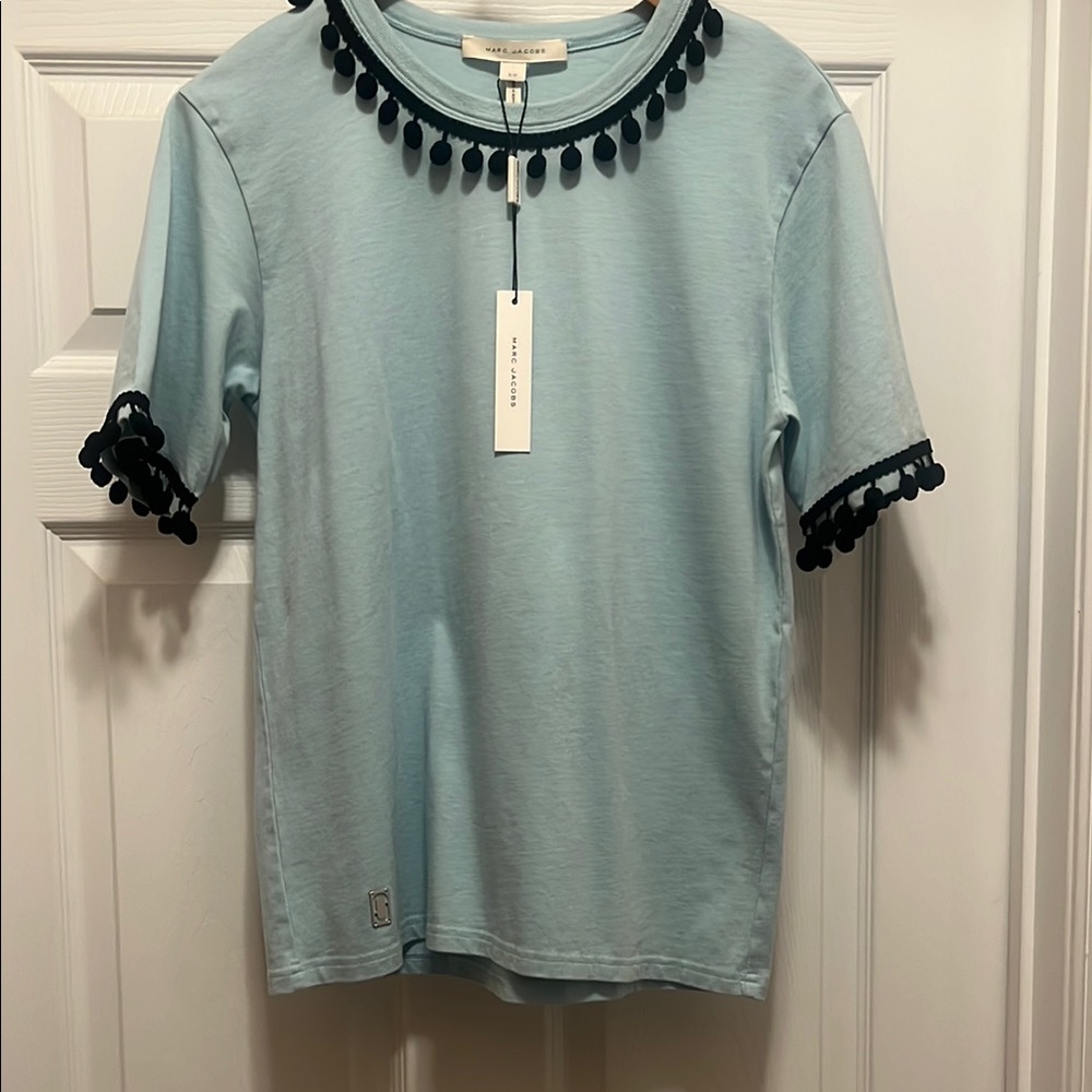 NWT Marc Jacobs Pale Blue top with navy pom pom trim